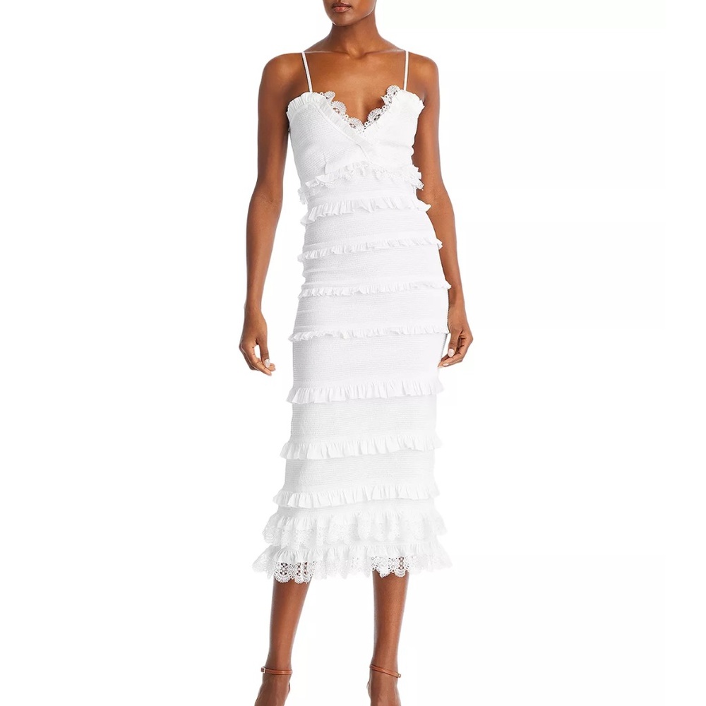 V. Chapman Narcisse Smocked Ruffle Trim Midi Dress